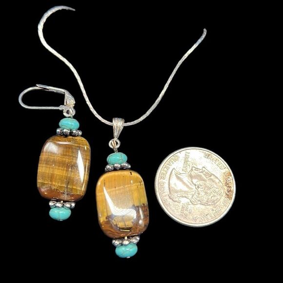 Tigers Eye Turquoise Necklace Dangle Earrings Set Silver Tone Base Metal - Picture 9 of 9